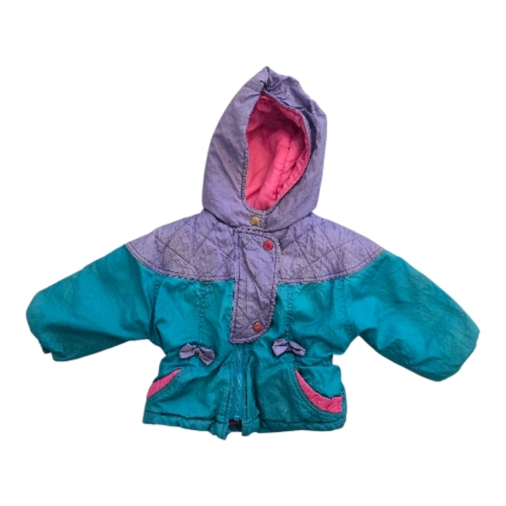 Vintage 1990s Colorblock Purple Teal Pink Hooded Coat